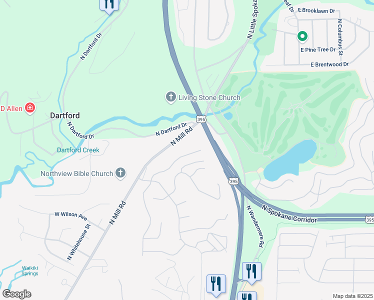 map of restaurants, bars, coffee shops, grocery stores, and more near 13737 North Mayfair Lane in Spokane