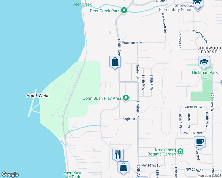 map of restaurants, bars, coffee shops, grocery stores, and more near 11432 238th Street Southwest in Woodway