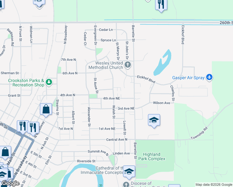map of restaurants, bars, coffee shops, grocery stores, and more near 525 4th Avenue Northeast in Crookston