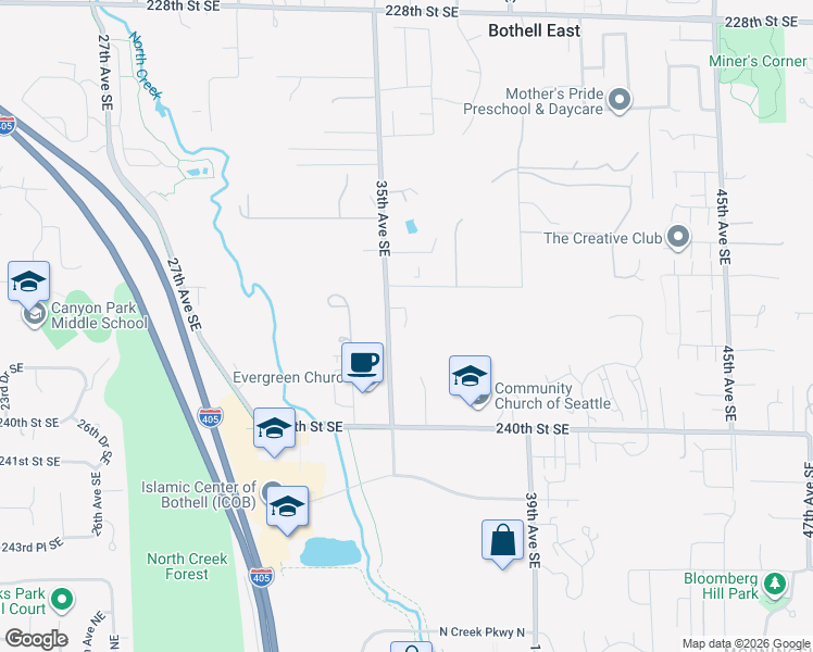 map of restaurants, bars, coffee shops, grocery stores, and more near 23123 35th Avenue Southeast in Bothell