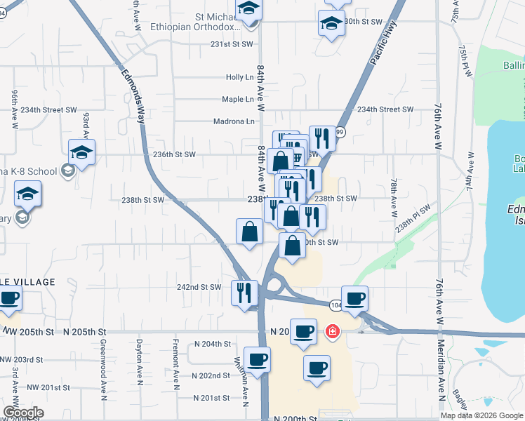 map of restaurants, bars, coffee shops, grocery stores, and more near 23827 84th Avenue West in Edmonds