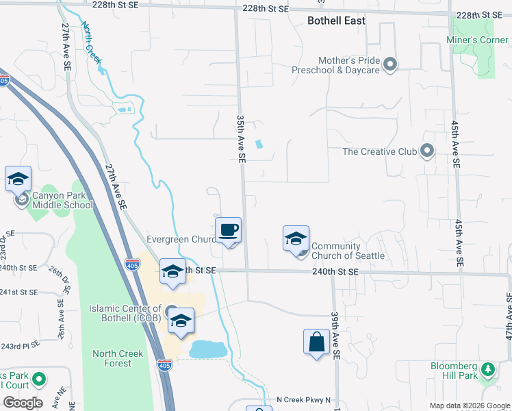 map of restaurants, bars, coffee shops, grocery stores, and more near 23123 35th Avenue Southeast in Bothell