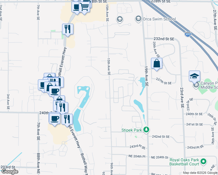 map of restaurants, bars, coffee shops, grocery stores, and more near 23702-23730 15th Avenue Southeast in Bothell