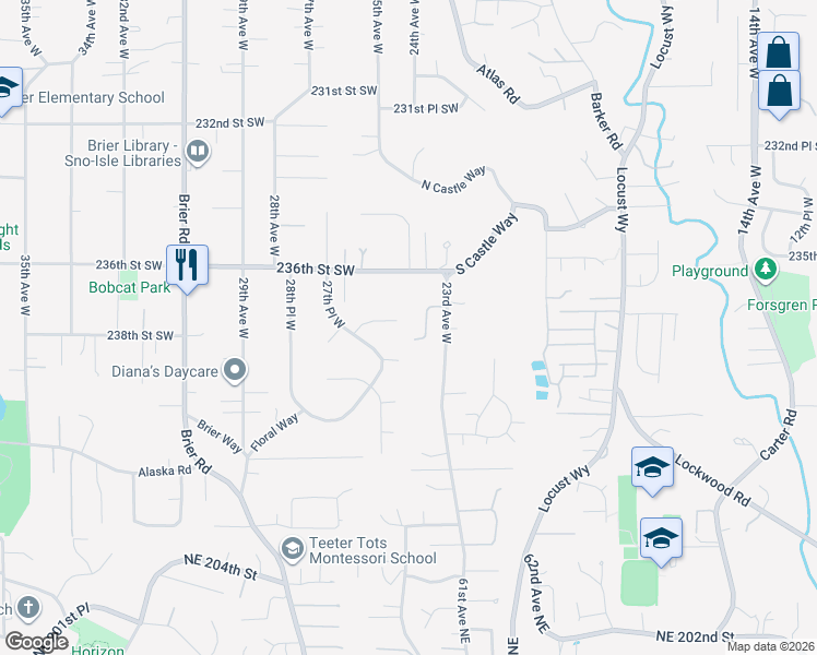 map of restaurants, bars, coffee shops, grocery stores, and more near 23730 23rd Avenue West in Bothell