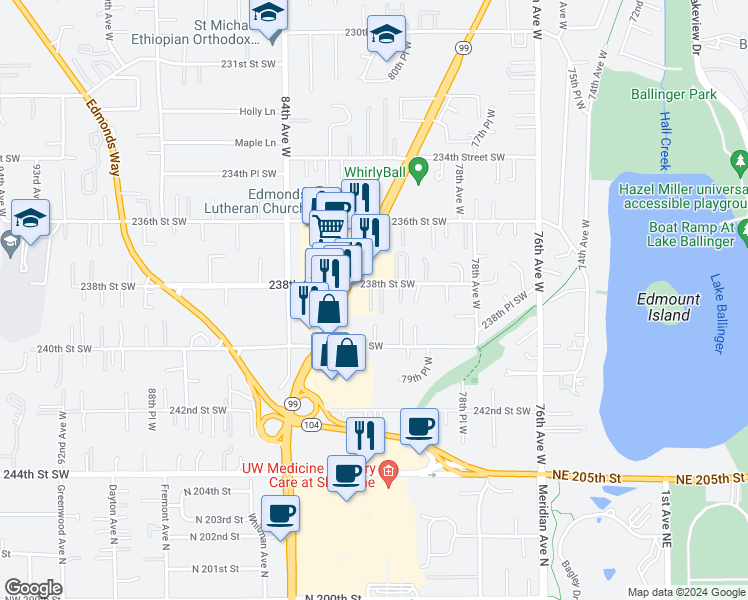 map of restaurants, bars, coffee shops, grocery stores, and more near 23831 Highway 99 in Edmonds