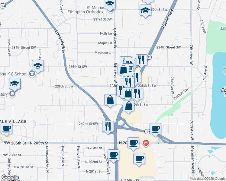 map of restaurants, bars, coffee shops, grocery stores, and more near 23827 84th Avenue West in Edmonds