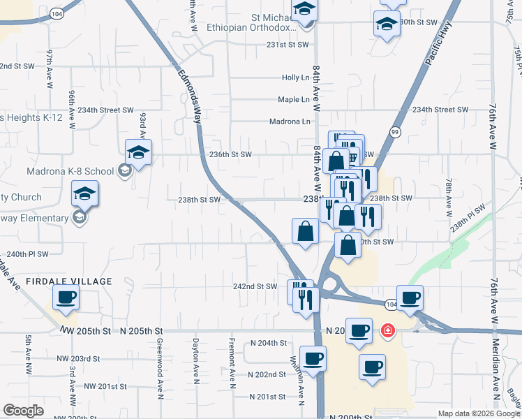 map of restaurants, bars, coffee shops, grocery stores, and more near 23828 86th Avenue West in Edmonds