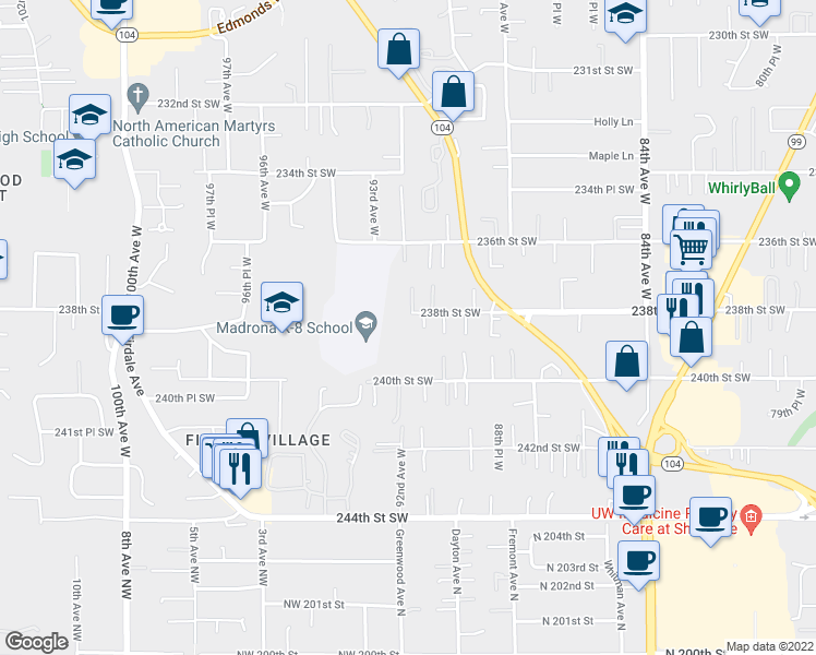 map of restaurants, bars, coffee shops, grocery stores, and more near 23824 90th Place West in Edmonds