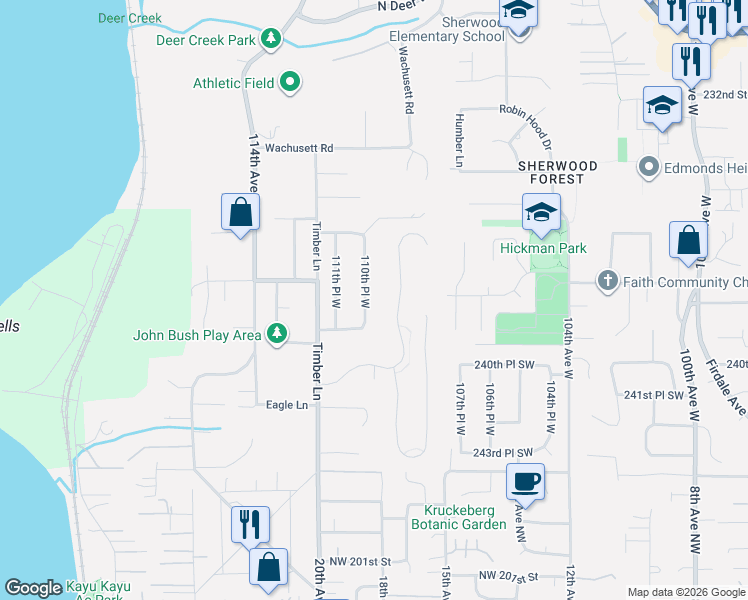 map of restaurants, bars, coffee shops, grocery stores, and more near 23825 110th Place West in Woodway