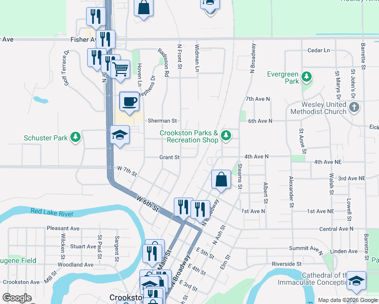 map of restaurants, bars, coffee shops, grocery stores, and more near 824 North Front Street in Crookston