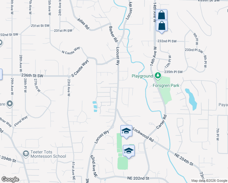 map of restaurants, bars, coffee shops, grocery stores, and more near 23720 Locust Way in Bothell