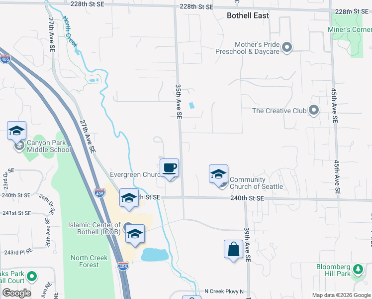 map of restaurants, bars, coffee shops, grocery stores, and more near 23123 35th Avenue Southeast in Bothell