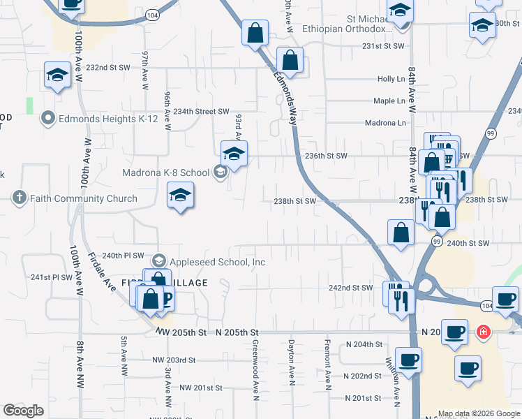map of restaurants, bars, coffee shops, grocery stores, and more near 23824 90th Place West in Edmonds