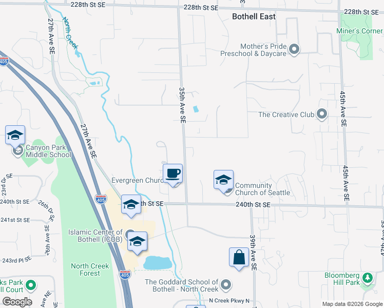 map of restaurants, bars, coffee shops, grocery stores, and more near 23123 35th Avenue Southeast in Bothell