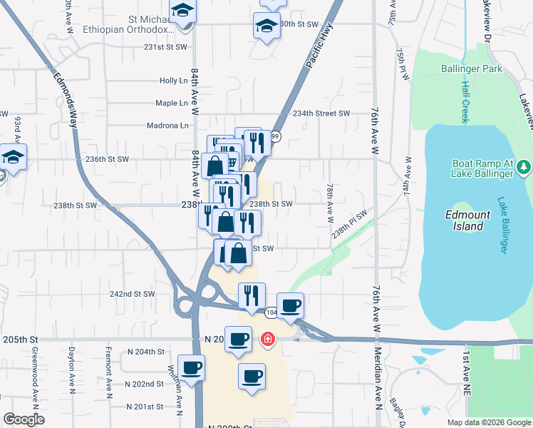 map of restaurants, bars, coffee shops, grocery stores, and more near 8012 238th Street Southwest in Edmonds