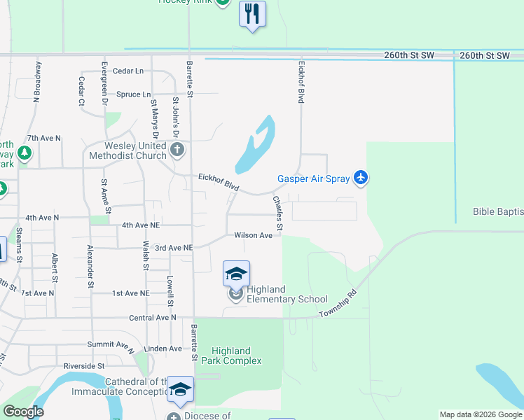 map of restaurants, bars, coffee shops, grocery stores, and more near 1106 Wilson Avenue in Crookston