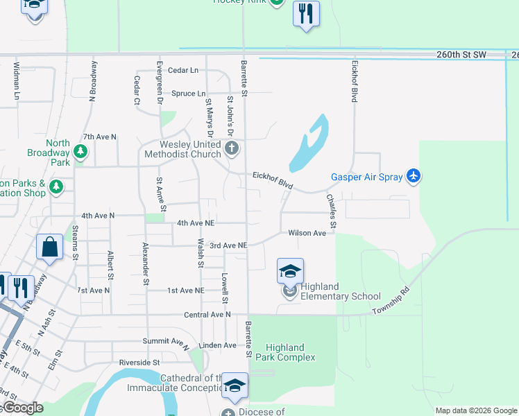 map of restaurants, bars, coffee shops, grocery stores, and more near 1111 Gretchen Lane in Crookston