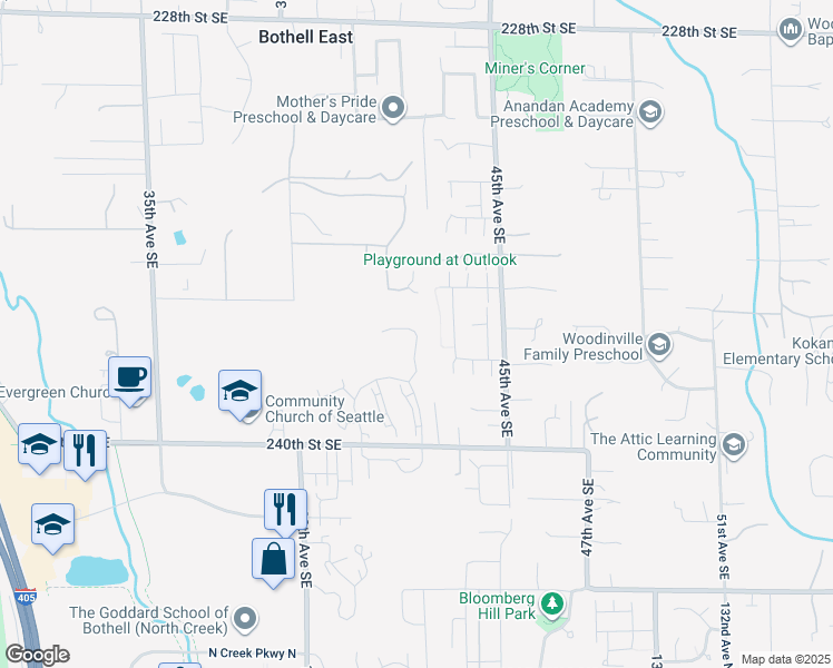 map of restaurants, bars, coffee shops, grocery stores, and more near 21323 42nd Avenue Southeast in Bothell