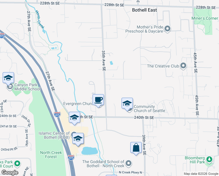 map of restaurants, bars, coffee shops, grocery stores, and more near 23123 35th Avenue Southeast in Bothell