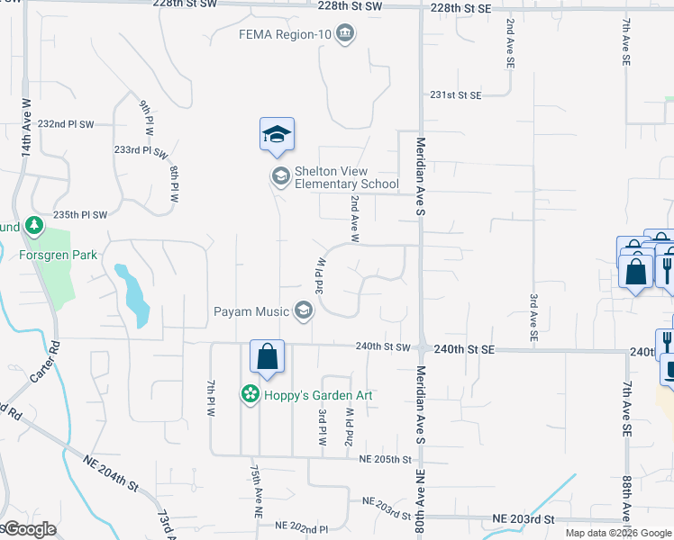 map of restaurants, bars, coffee shops, grocery stores, and more near 219 238th Street Southwest in Bothell