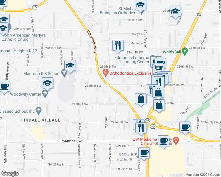 map of restaurants, bars, coffee shops, grocery stores, and more near 8828 238th Street Southwest in Edmonds