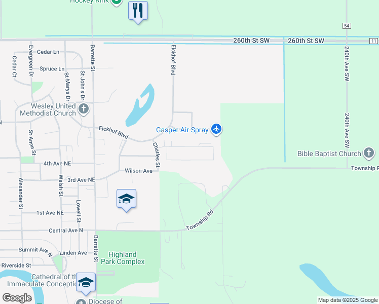 map of restaurants, bars, coffee shops, grocery stores, and more near 113 Cedar Street in Crookston