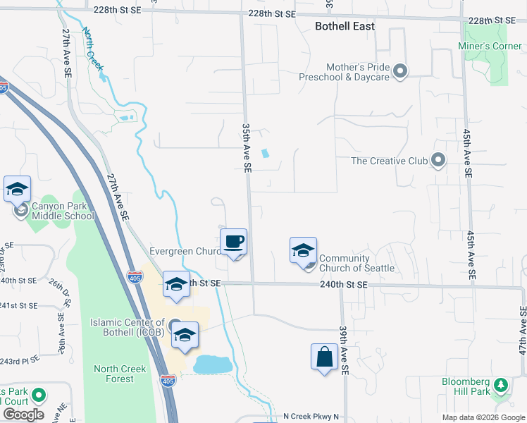 map of restaurants, bars, coffee shops, grocery stores, and more near 23123 35th Avenue Southeast in Bothell