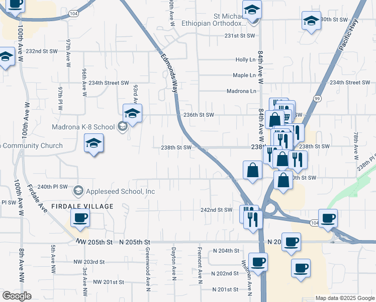 map of restaurants, bars, coffee shops, grocery stores, and more near 8828 238th Street Southwest in Edmonds