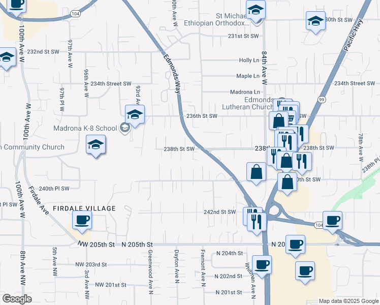 map of restaurants, bars, coffee shops, grocery stores, and more near 8828 238th Street Southwest in Edmonds