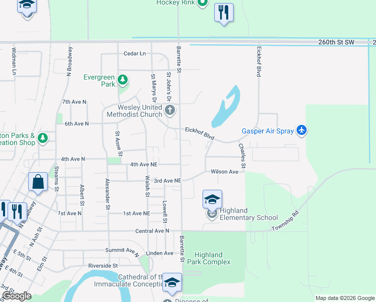 map of restaurants, bars, coffee shops, grocery stores, and more near 1120 Barrette Street in Crookston