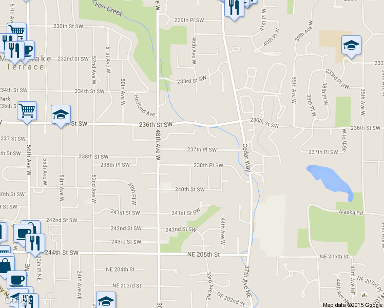 map of restaurants, bars, coffee shops, grocery stores, and more near 4510 237th Place Southwest in Mountlake Terrace