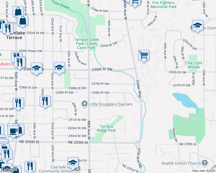 map of restaurants, bars, coffee shops, grocery stores, and more near 4510 237th Place Southwest in Mountlake Terrace
