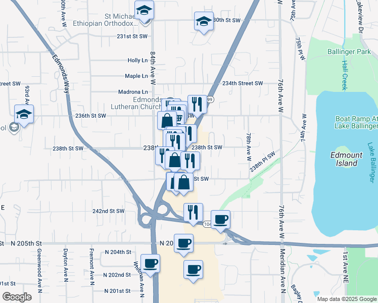 map of restaurants, bars, coffee shops, grocery stores, and more near 23831 Highway 99 in Edmonds