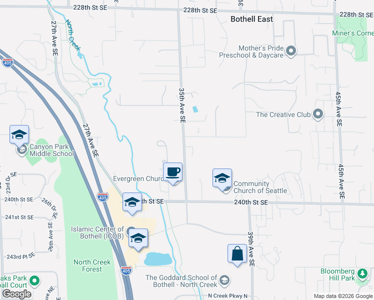 map of restaurants, bars, coffee shops, grocery stores, and more near 3508 237th Street Southeast in Bothell