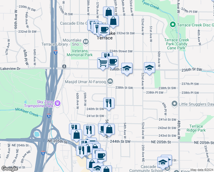 map of restaurants, bars, coffee shops, grocery stores, and more near 23806 56th Avenue West in Mountlake Terrace