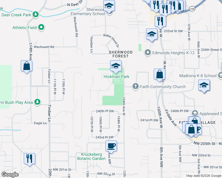 map of restaurants, bars, coffee shops, grocery stores, and more near 10522 237th Place Southwest in Edmonds