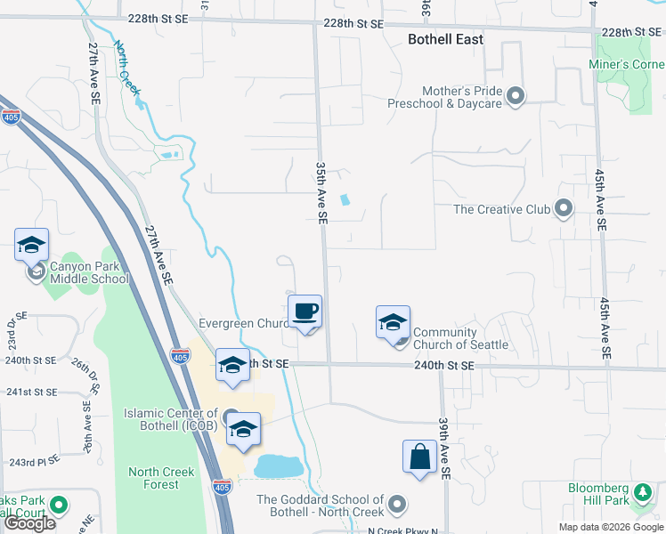 map of restaurants, bars, coffee shops, grocery stores, and more near 23123 35th Avenue Southeast in Bothell
