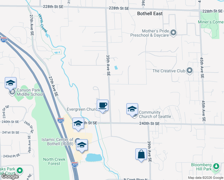 map of restaurants, bars, coffee shops, grocery stores, and more near 23123 35th Avenue Southeast in Bothell
