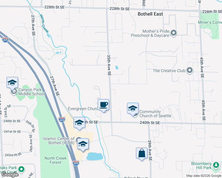 map of restaurants, bars, coffee shops, grocery stores, and more near 3511 236th Street Southeast in Bothell