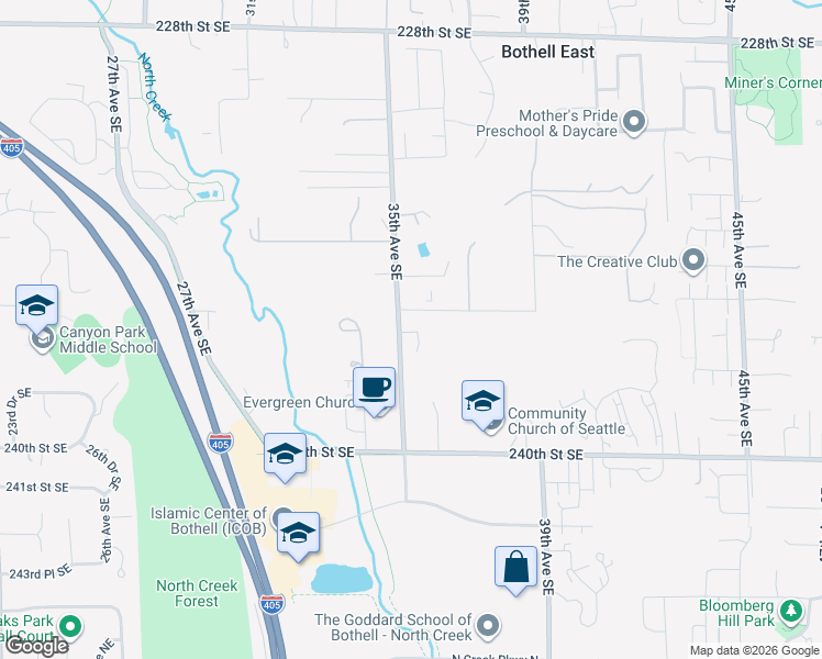 map of restaurants, bars, coffee shops, grocery stores, and more near 3511 236th Street Southeast in Bothell