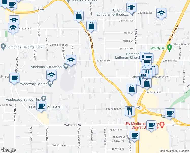 map of restaurants, bars, coffee shops, grocery stores, and more near 8905 238th Street Southwest in Edmonds