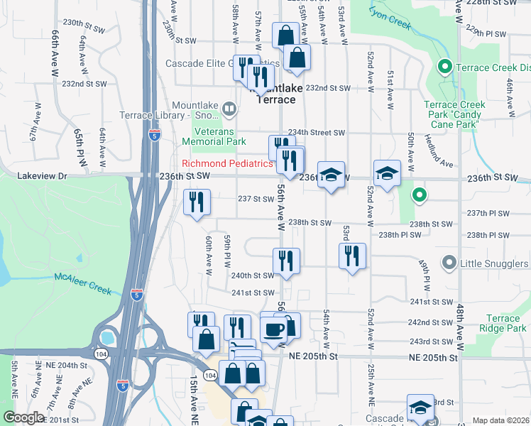 map of restaurants, bars, coffee shops, grocery stores, and more near 5701 237 Street Southwest in Mountlake Terrace