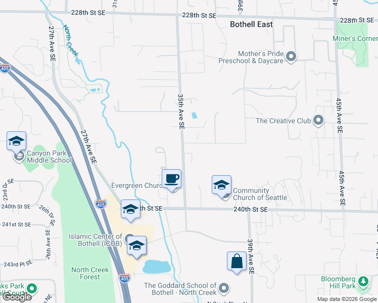 map of restaurants, bars, coffee shops, grocery stores, and more near 3511 236th Street Southeast in Bothell