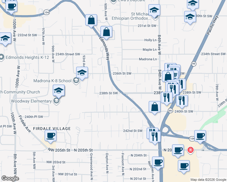 map of restaurants, bars, coffee shops, grocery stores, and more near 8905 238th Street Southwest in Edmonds