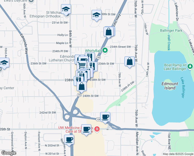 map of restaurants, bars, coffee shops, grocery stores, and more near 8029 238th Street Southwest in Edmonds