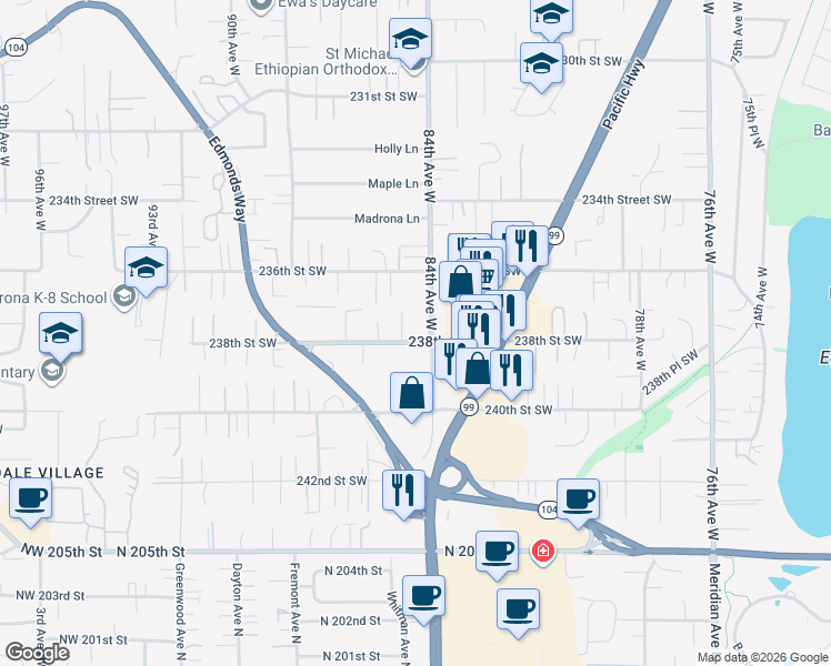 map of restaurants, bars, coffee shops, grocery stores, and more near 8425 238th Street Southwest in Edmonds