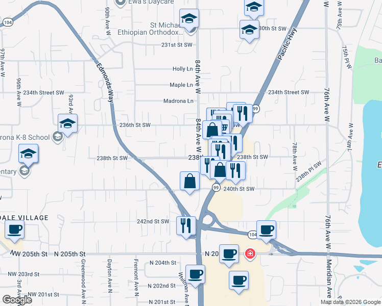 map of restaurants, bars, coffee shops, grocery stores, and more near 8425 238th Street Southwest in Edmonds