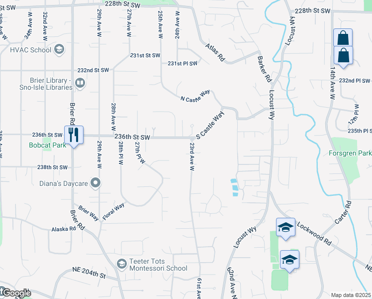 map of restaurants, bars, coffee shops, grocery stores, and more near 2330 236th Street Southwest in Lynnwood