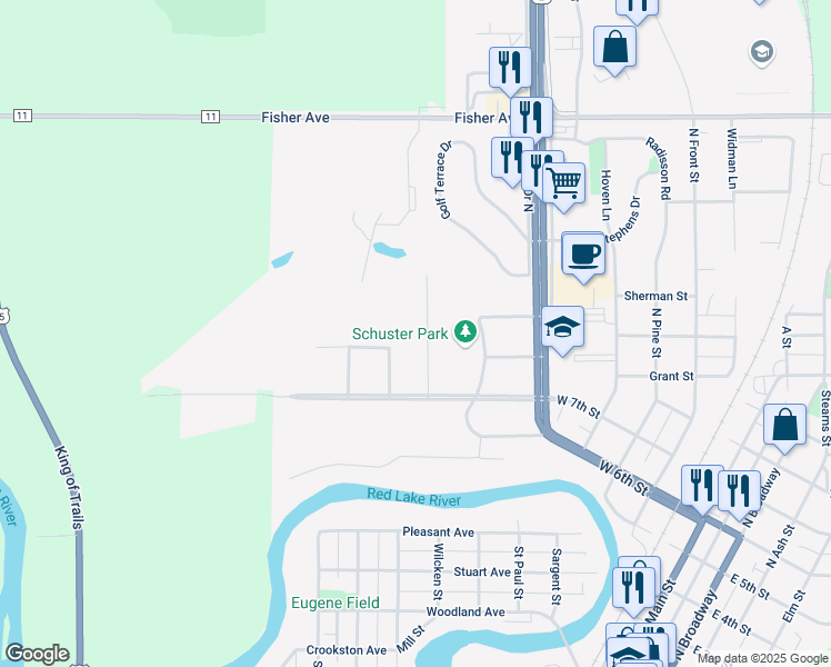 map of restaurants, bars, coffee shops, grocery stores, and more near 825 Thorndale Avenue in Crookston