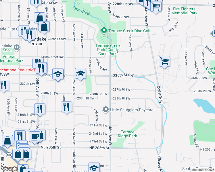 map of restaurants, bars, coffee shops, grocery stores, and more near 23702 48th Avenue West in Mountlake Terrace